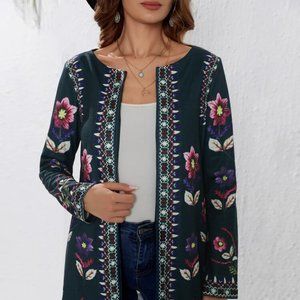 Floral Print Open Front Coat- Navy Size Medium